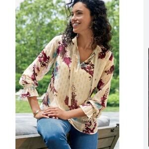 Soft Surroundings Floral Blouse Long Sleeve Ruffle Tie Neck Sheer Boho Chic XL